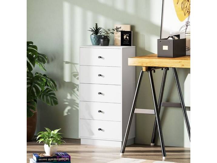 Commode buffet haut 5 tiroirs blanc 47 x 29 x 95 cm en panneaux de particules ORVRYN