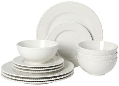 Gibson Caviara 12-Piece Round Beaded Rim Porcelain Dinnerware Set, Dinner Plates, Salad Plates & Cereal Bowls