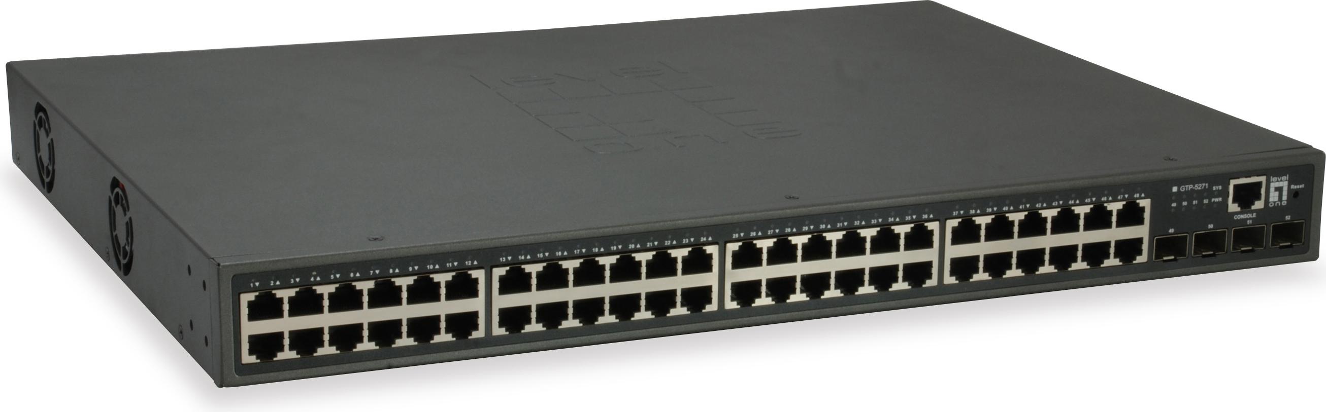 LevelOne 52-Port L3 Lite Managed Gigabit PoE Switch, 4 x 10GbE SFP+, 48 PoE-Ausgänge, 400W PoE-Leistungsbudget, Managed, L3, Gigabit Ethernet (10/100/1000), Power over Ethernet (PoE), Rack-Einbau