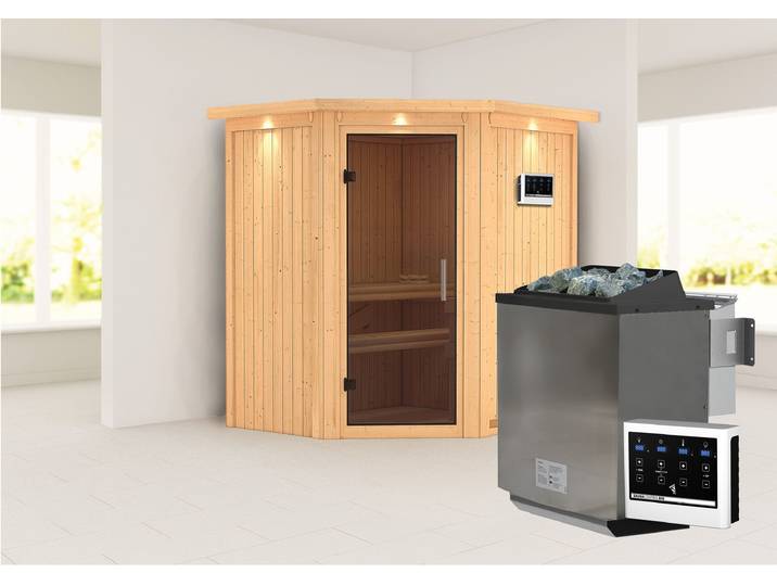 Sauna KARIBU »Liyah« mit graphitfarbene Tür und Dachkranz , beige (naturbelassen), Bio-Kombiofen, externe Steuerung, (ohne Ofen), Saunen, Sauna, in verschiedenen Ausführungen erhältlich