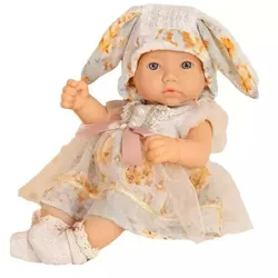 Neugeborene Babypuppe mit Hasenohren-Mütze und Kleidchen – 25 cm