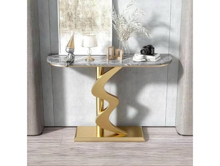 Moderner Konsolentisch,Schmaler Flurtisch mit Steinplatte und Metallgestell Hochwertige Steinplatte, Kratzfest, Stabiler Metallrahmen, Platzsparend, Modernes Design(Gold+Gray2,120cm)