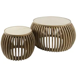Couchtisch Set Tratin aus massivem Mangoholz, skandinavisches Design, rund, natur beige, Travertin-Optik