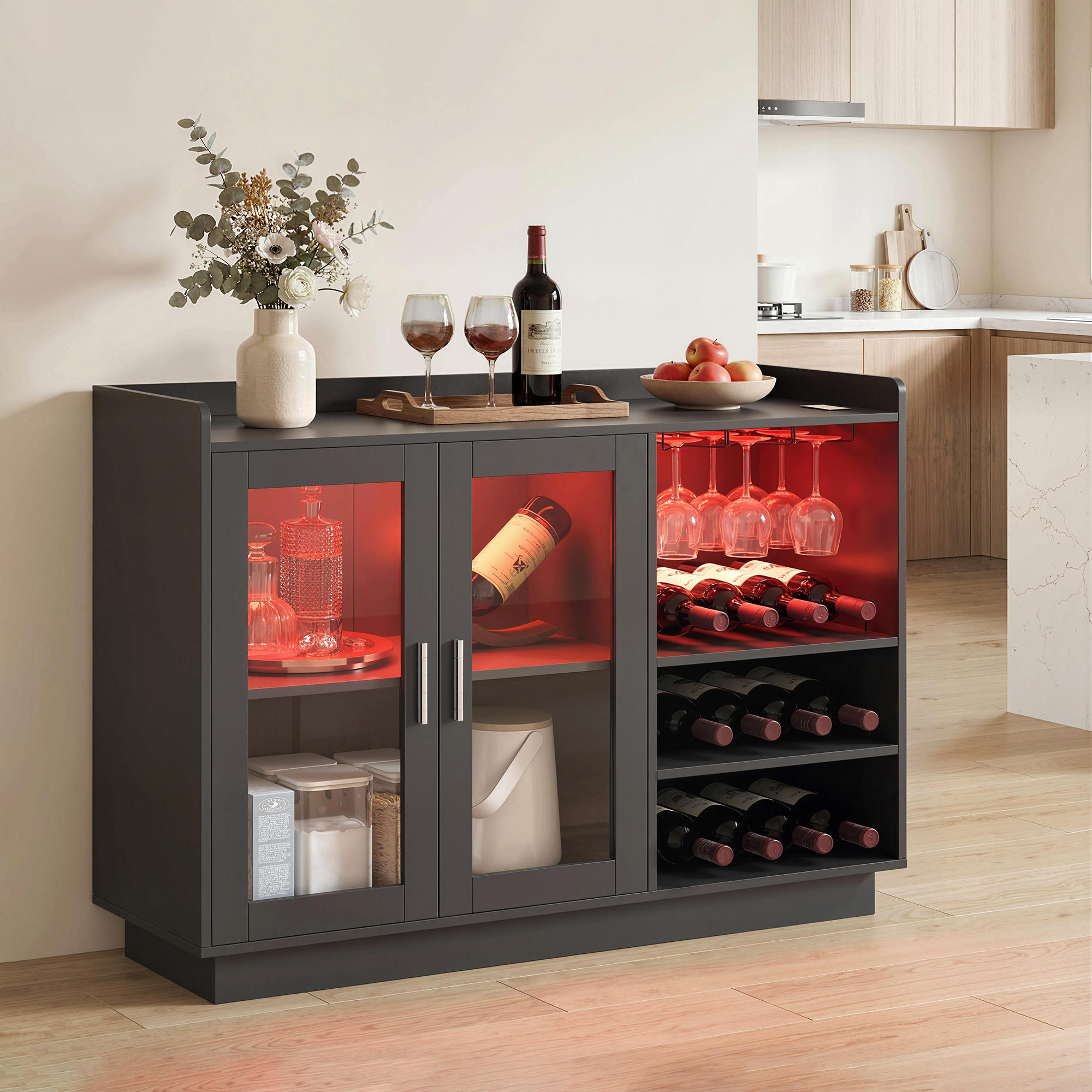 Homcom Mobile Portabottiglie con Luce LED e Scaffale Regolabile, in Legno e Vetro, 120x38x88 cm, Nero   Aosom Italy