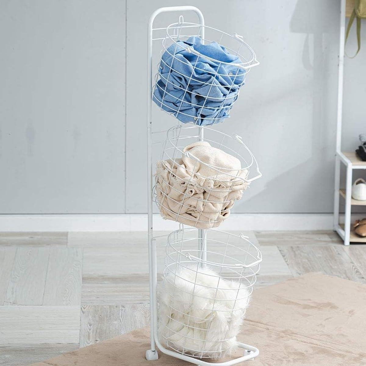 Rollende Wasmand Kleding Sorteerder met 3 Laags Ontwerp - Wit - Hoogte: 122 cm