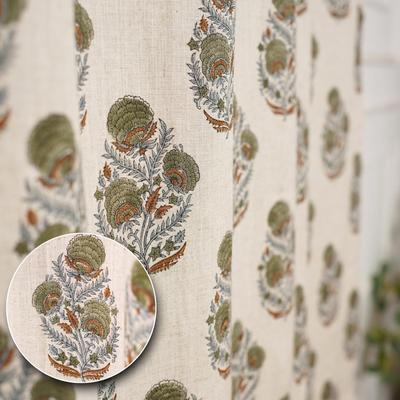 Fabdivine Block Print Green Hook Curtain Panel, Linen Semi Sheer Drape, Window Treatment for Living Room, Nursery, Mohini