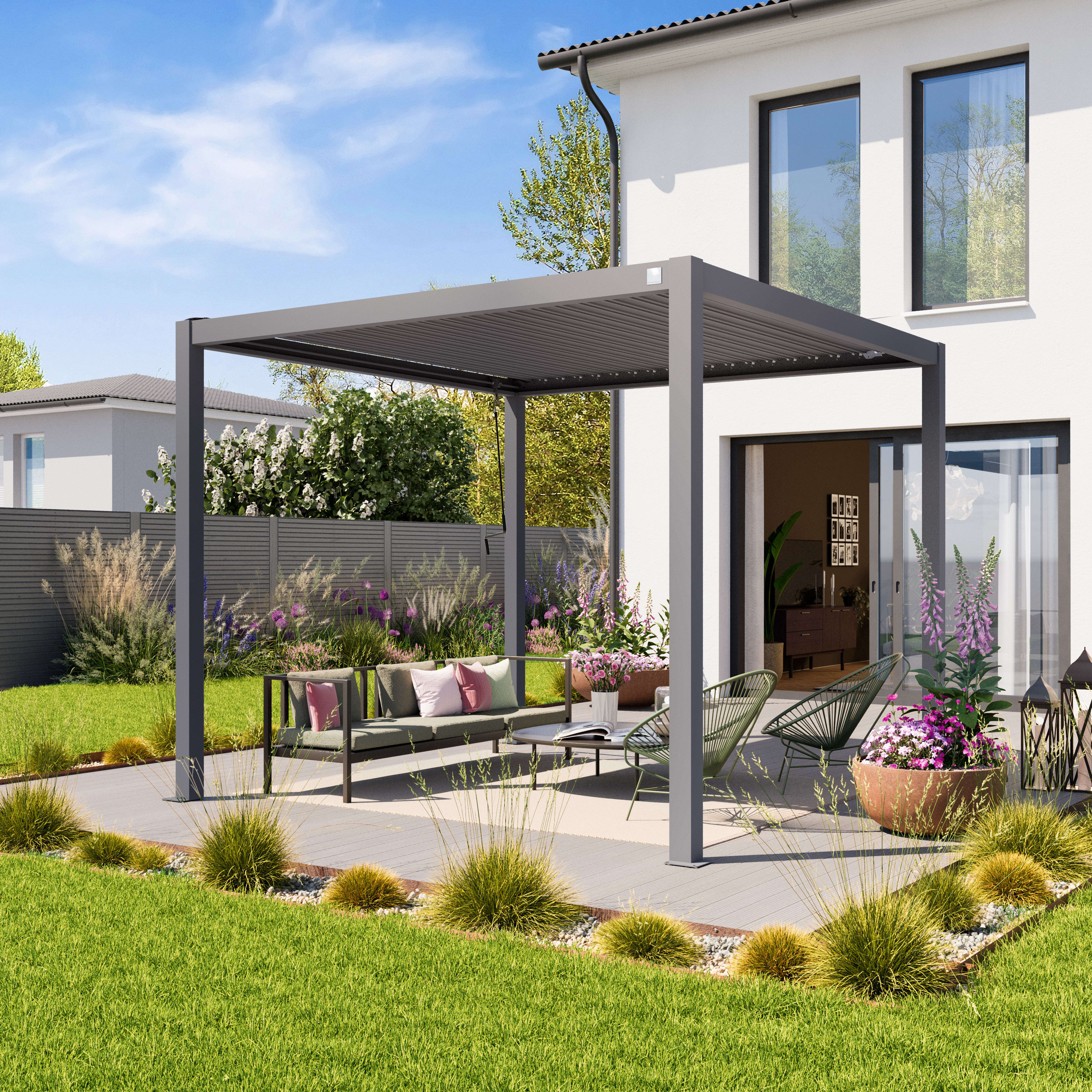 PRIMEYARD 3x3m Pergola in Perlgrau; mit Lamellendach in Perlgrau - (400104)