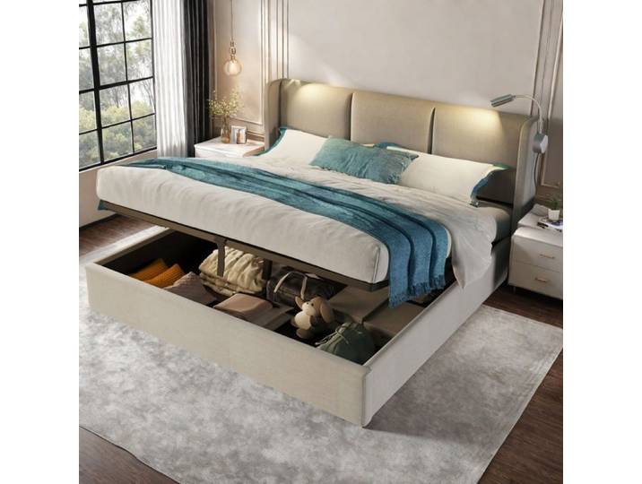 Lit 160x200 - RWUDV - Lit Coffre 160x200 avec LED et USB -litcoffre 160x200 coffre-lit double avec sommier-Lit 2 Personnes-Lin beige