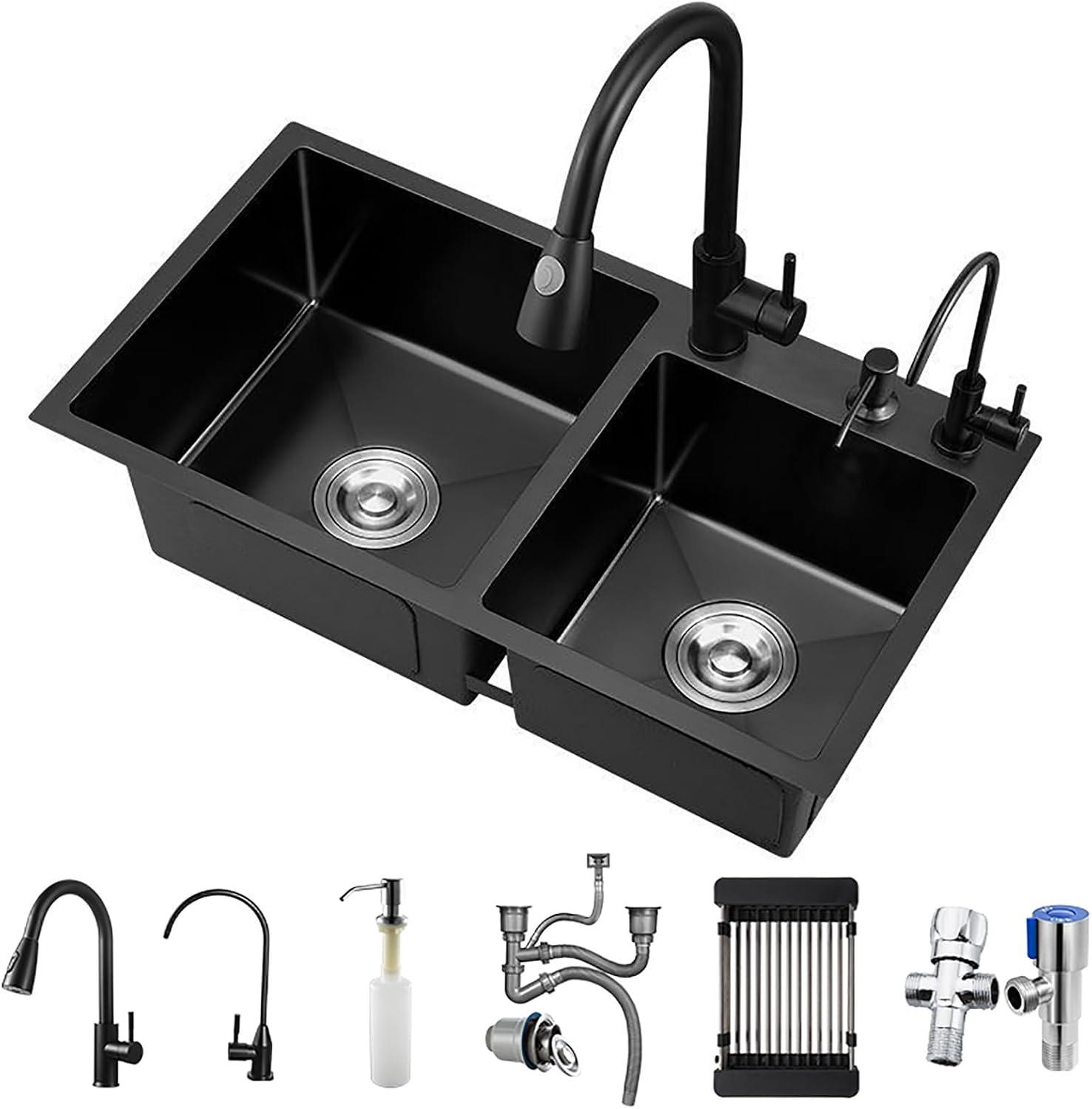 Küchenspüle Edelstahl Doppel Schüssel Küchenspüle Arbeitsplatz Küchenspüle Mit Wasserhahn Und Seifenspender Für Küchenbar Bauernhaus (Color: Schwarz, S: 72x40x20cm)