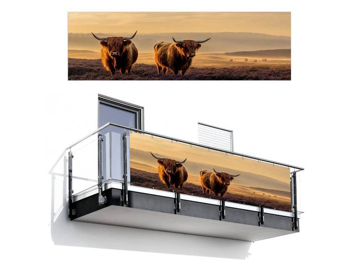 MuchoWow Balkon-Sichtschutz Schottische Hochlandbewohner - Heide - Landschaft - Tiere, Cognac, Kunststoff, Rechteckig, 300x90 cm, Sonnenschutz, Sichtschutz