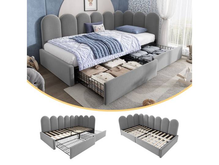 Lit simple rembourré - MERAX - Lit Simple Capitonné 90x190 cm - Velours gris - 2 tiroirs - Sommier inclus