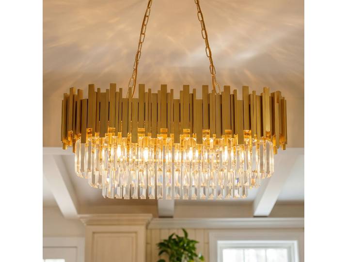 Lustre en cristal de luxe moderne, lustre en cristal doré, lustre en forme de goutte de pluie à 3 niveaux, luminaires, salle à manger, table, F