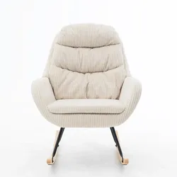 MODFU Schaukelstuhl aus Cordstoff in Beige mit Metall- und Holzgestell, 74 x 94 x 96 cm