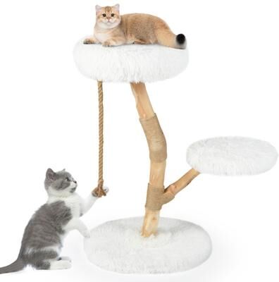 Costway Modern Wooden Cat Tree Tower with Perch and Natural Jute Scratching Posts-White