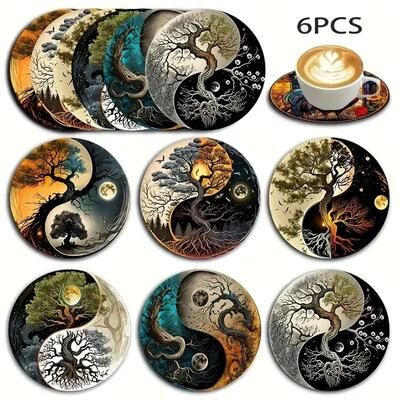 Uplifted Goods Wooden Cat Pattern Coaster Set Six Piece Insulation Mats For Cups c