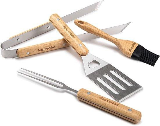 Draagbare roestvrijstalen BBQ-set met thermometer en houten handvatren, zilver