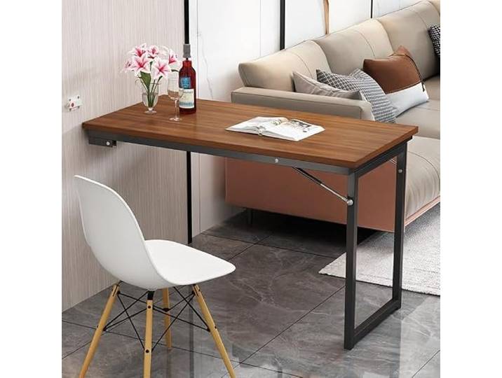 Wandklapptisch Nussbaum Holzoptik Platzsparend 3 Größen Stahl Klappbarer Wandtisch mit Stahlrahmen für Küche Esszimmer Büro Wohnung(A,90x60cm/35.4x23.6in)