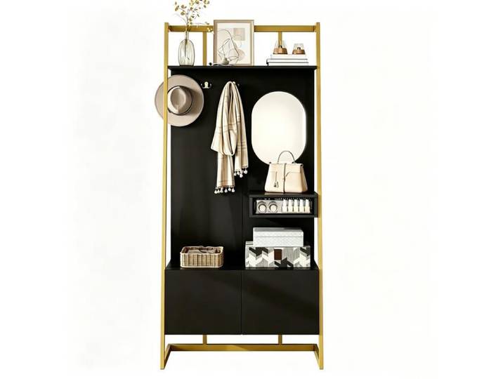 Meuble d Entrée Vestiaire avec Crochets Miroir Banc à Chaussures et Armoire de Rangement Ouverte 78 x 38.5x 180.5cm Noir