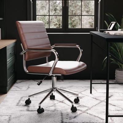 Martha Stewart Upholstered Ribbed Faux Leather Swivel Home Office Chair with Armrests