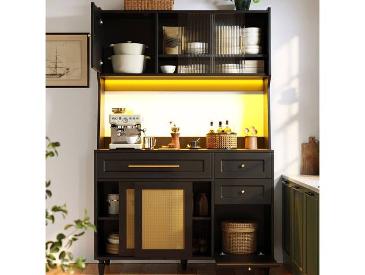 Modenuit Buffet de cuisine 120x45x195 5 cm avec LED 3 tiroirs étagères réglables noir
