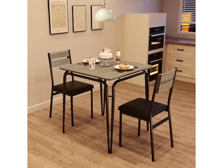 GarveeMore Esstisch Für 2 Personen, Quadratisches 3-Teiliges Küchen-Set Mit Polsterstühlen, Platzsparender Holztisch Für Kleine Räume, Wohnung, Apartment, Grau