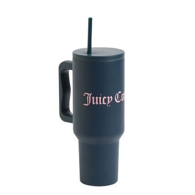 Thermobecher JUICY COUTURE "STEEL TUMBLER WITH STRAW Unisex", blau (blau depths), Edelstahl, Trinkgefäße Thermobecher, Getränkebecher, große Tasse, mit Strohhalm, heiß kalt, Edelstahl, Sale