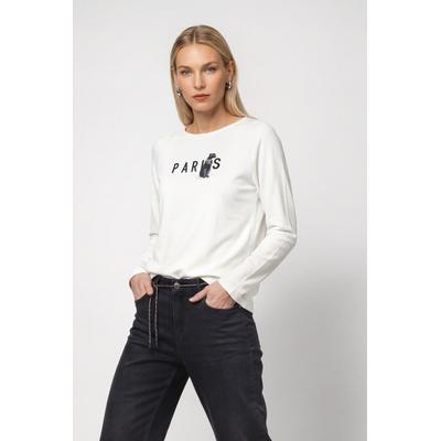Langarmshirt MONARI "Shirt Panther", Damen, Gr. 44, weiß (off, weiß), Web, Obermaterial: 45% Modal, 45% Viskose, 10% Elasthan, unifarben, regular fit taillenbedeckt, Rundhals, Raglanärmel abgesteppte Kante, Shirts Langarmshirt, Regular fit mit...