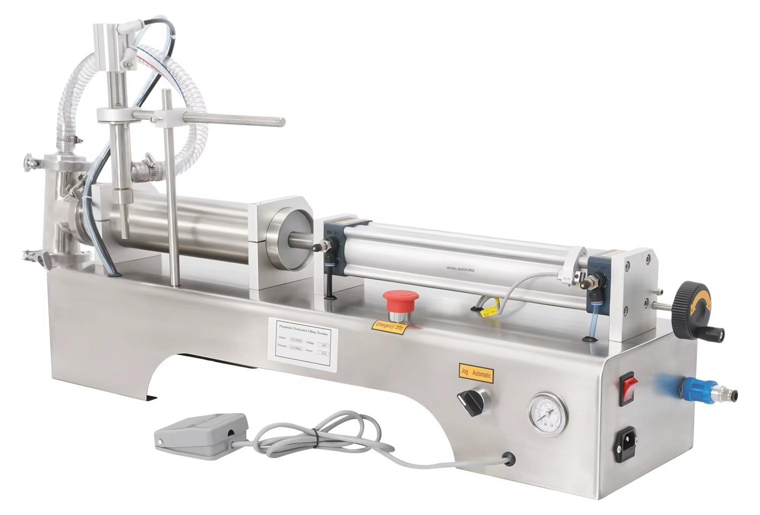 Flüssigkeitsabfüllmaschine - Pneumatische Einkopf-Abfüllmaschine aus Edelstahl 304 - 100-1000 ml - 40 Flaschen/min - ±1 % Genauigkeit - 220-240 V EU-Stecker - Silber