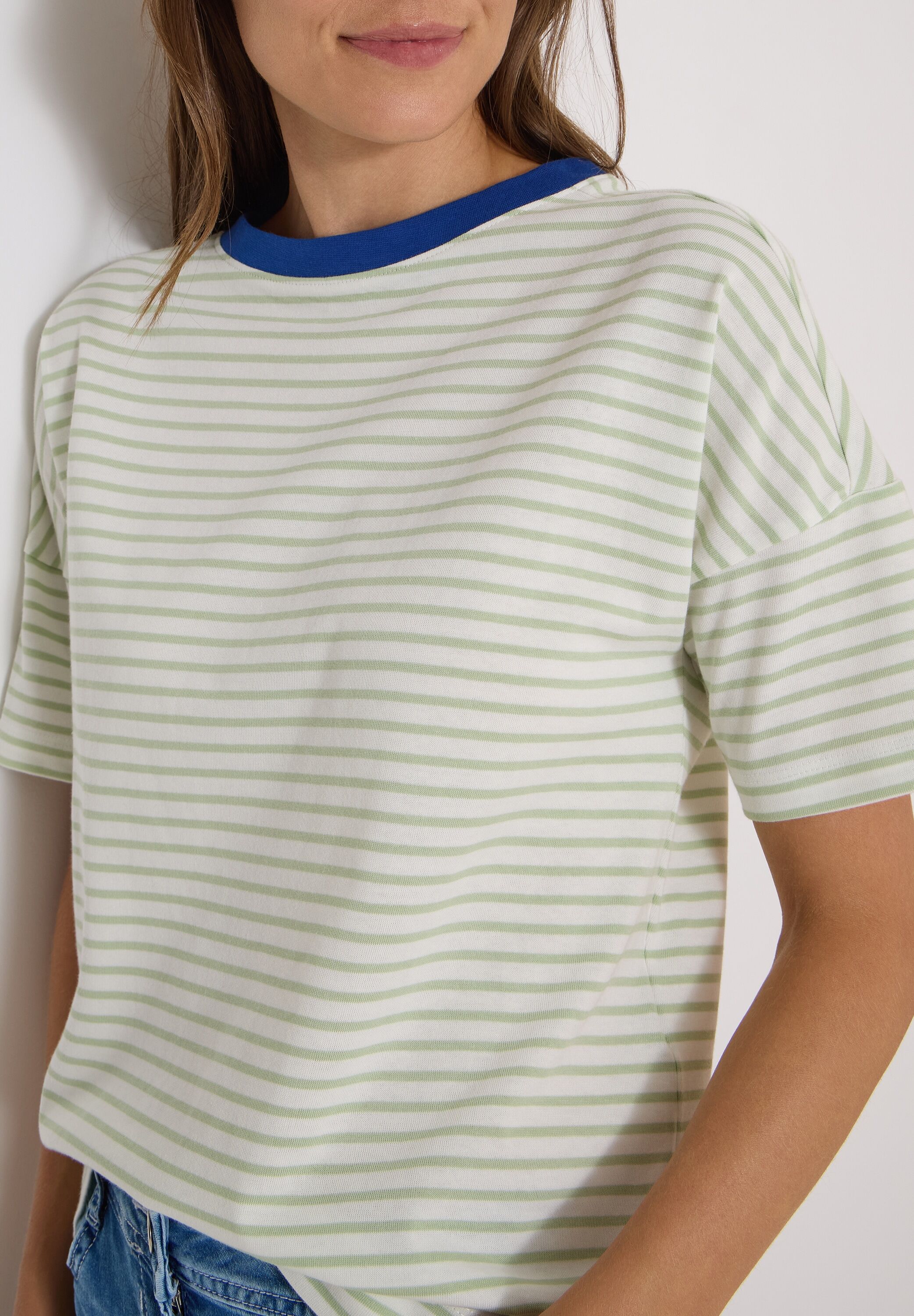 T-Shirt CECIL, Damen, Gr. S (38), grün (raw matcha lime), Jersey, Obermaterial: 100% Baumwolle, gestreift, hüftlang, Rundhals, Shirts T-Shirt, Jerseyshirt mit Streifen, Baumwolle raw matcha lime S (38)