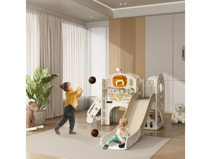AIYAPLAY Aire de jeu pour enfants, glissoire 7-en-1, Aire de jeux intérieure avec espace de rangement et tunnel rampant, 186x153x111 cm, Blanc crème