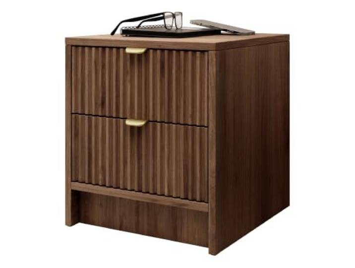Mirjan24 Nachttisch Tireno 2SZ mit 2 Schubladen (Nuss Okapi) Nachtkommode mit geriffelten Fronten, goldfarbenen Aluminiumgriffen und Antirutschfüßen für Bücher, Brille und Zubehör