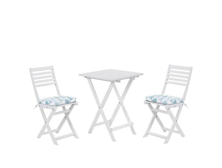 BALKONSET 2-Sitzer Akazienholz weiß Auflagen Dreiecke blau / weiß Fiji