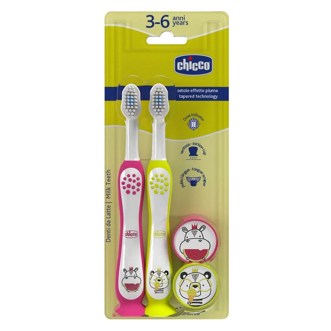 Chicco Zahnbürste für Kinder 3-6 Jahre Hippo und Panda 2 Stück (Extra weich, 2x) (47362753)