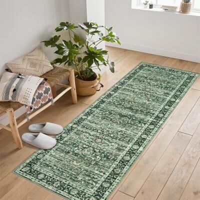 Garvee Green Persian Area Rug 2x6 Ft Washable Faux Cashmere 1200gsm - 61x183cm