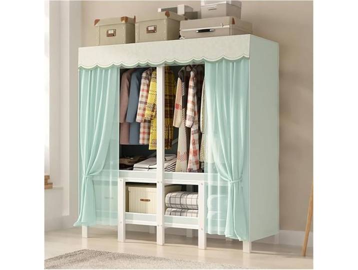 MmcdylyhEU Tragbarer, Faltbarer Kleiderschrank Mit Abdeckung – L-Kleiderständer for Schlafzimmer, Stilvoller Kleidungsorganisator, Mantelaufbewahrungslösung(Blue,130cm/51.2inch)