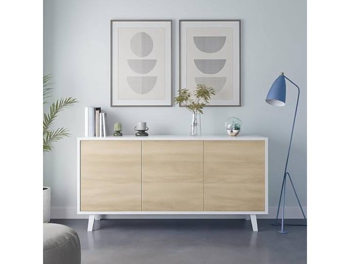 Dmora - Arvada-Sideboard, Küchenbuffet, Wohnzimmer-Design-Garderobe, modernes Sideboard mit 3 Türen und Regalen, 154 x 40 x 75 cm, Weiß und Eiche