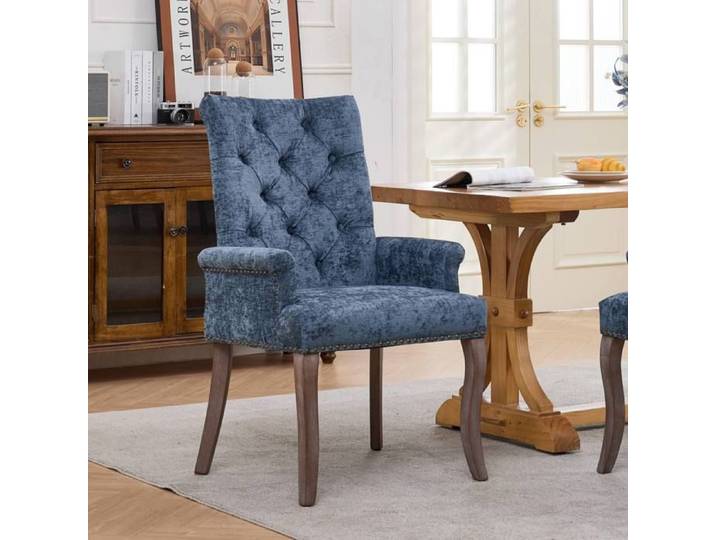 Upholstered Chenille Fabric Accent Dining Chair Pour chambre Pour salon Bleu Single Pack Curved Solid Wood Legs