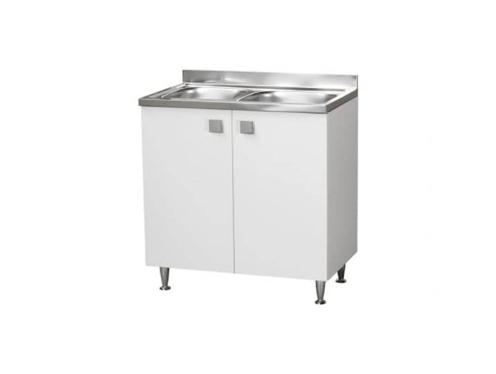 Küchenunterschrank mit Stahlspüle 2 Becken, 2 weiße Türen, 80 x 50 cm, Höhe 88 cm