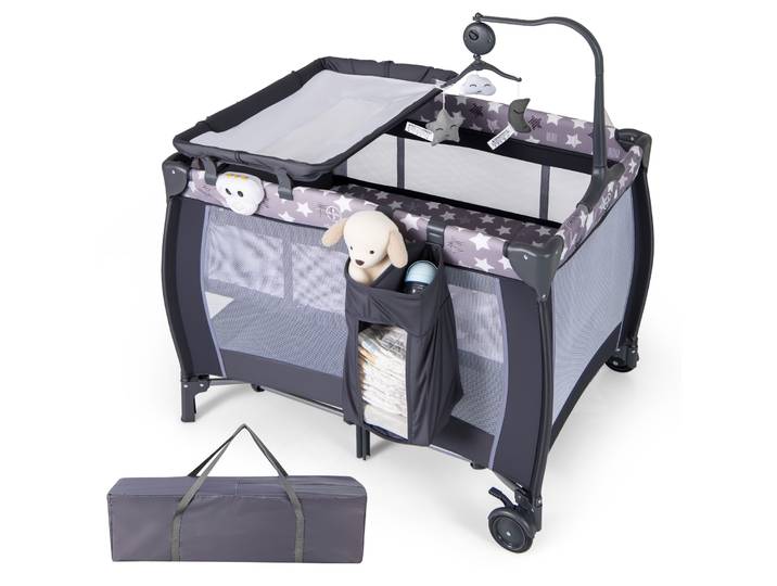Lit d'appoint pliable 3-en-1, lit de voyage avec matelas, jouet suspendu, boîte à musique, table à langer et sac de transport, lit bébé à 2 niveaux