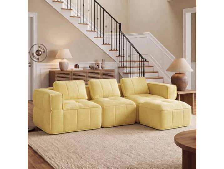 SoarTalent 3-Sitzer-Sofa, Boneless Couch, L-Form 271 cm, Yellow Samt-Optik, abriebfest & pflegeleicht. Rahmenloses Design mit 48 cm Sitztiefe. Ideal für Wohnzimmer & Lounge