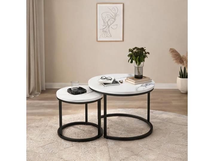 Table basse gigogne ronde 2 pièces blanc classique et métal noir design gain de place petit espace