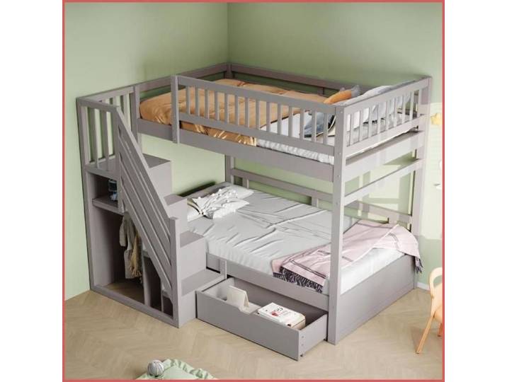 Lit à étages massif 90x200 cm - Enfants/Ados barrière sécurité échelle rangement - Gris