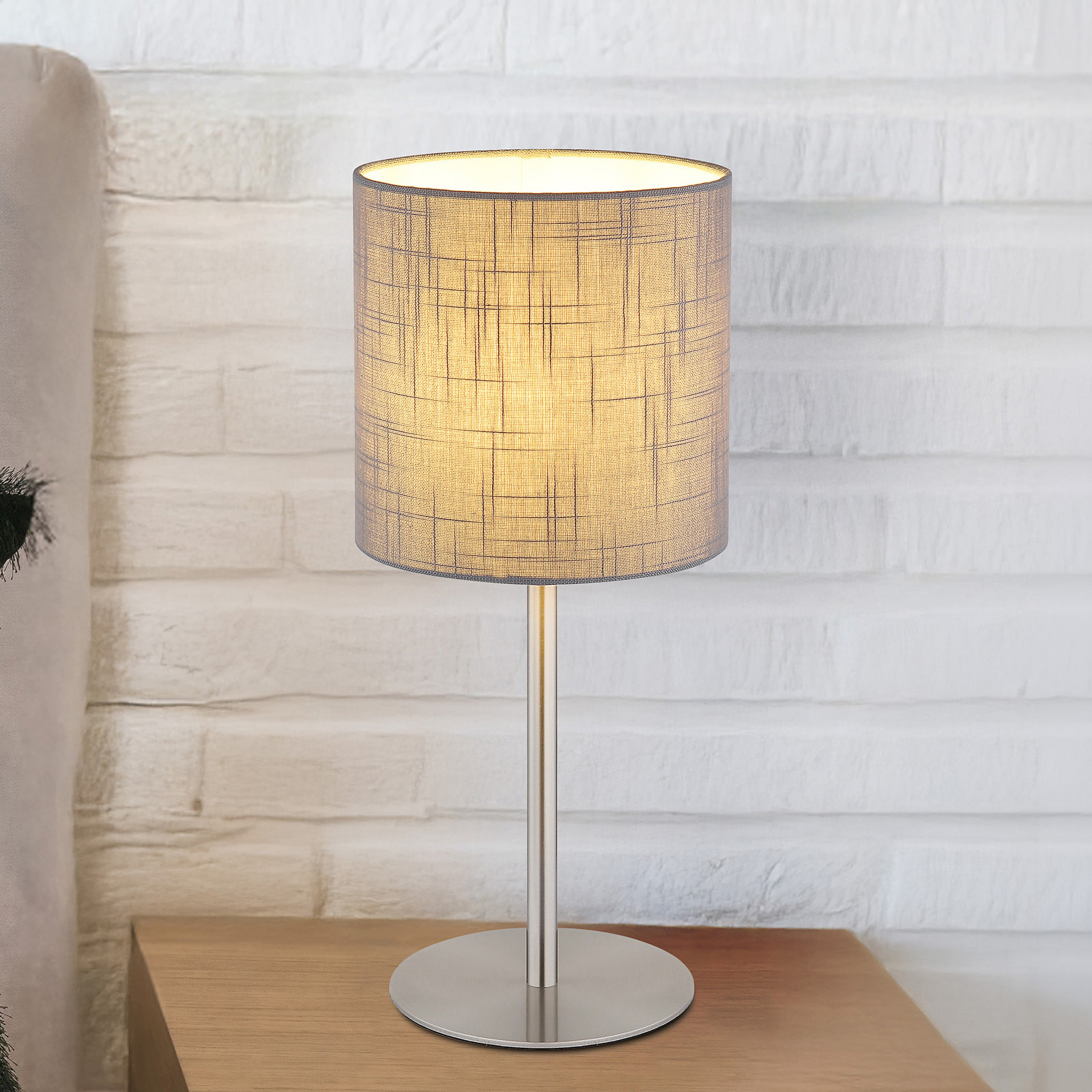 home24 Tafellamp grijs/grijs platweefsel Ø 18cm LED E27