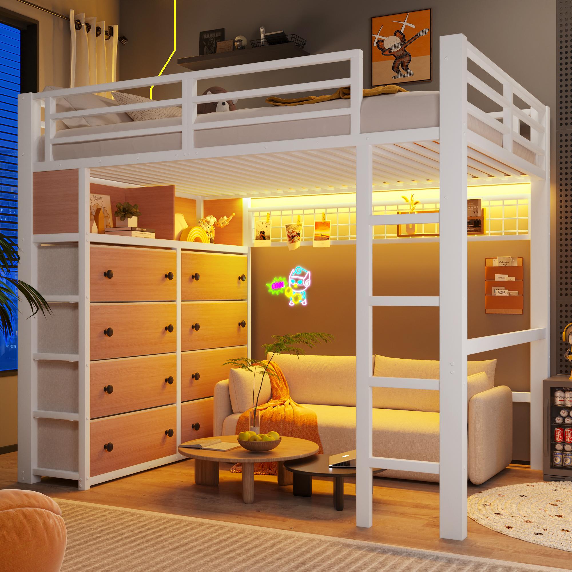 Merax Kinderbett 140x200 cm, Etagenbett mit 8 Schubladen, Metall-Kinderhochbett mit LED-Beleuchtung, Regalen & Lochwand, Hochbett, Stockbett, Weiß