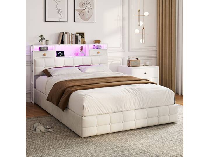 Lit coffre - URBANLUXE - Lit coffre 140x200 - Velours capitonné - LED intégrée - Sommier à lattes