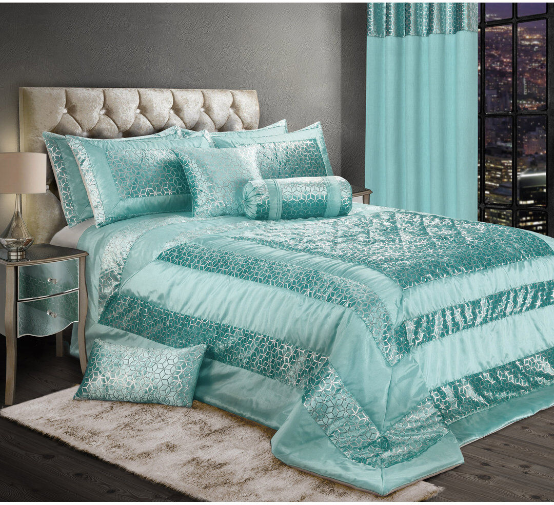 Fairmont Park Worreno Luxury Metallic Geometric Foil Pattern Bedspread Blue 254 x 177 cm