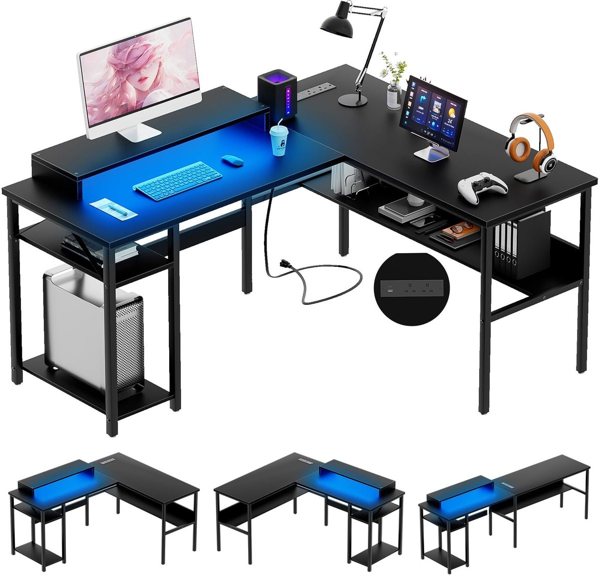 L-vormig gamingbureau met LED-verlichting en opbergplanken, omkeerbaar computerbureau met monitorstandaard
