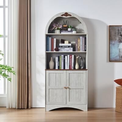 Arched Storage Cabinet with Decorative Applique, MDF Anti-Scratch Surface Sideboard, Adjustable Shelves & Hinges