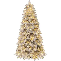 COSTWAY 210 cm künstlicher Weihnachtsbaum mit Beleuchtung und Schnee, Weihnachtsbaum mit 160 funkelnden Kugeln, künstlicher Weihnachtsbaum