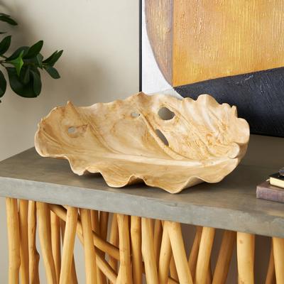 Arcilla Elemental - Light Brown Teak Wood Handmade Carved Leaf Living Room Decor Tray